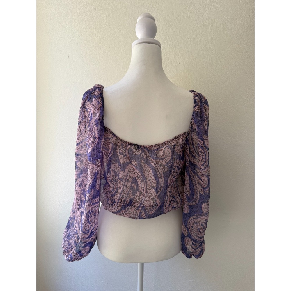 ZARA Womens S Sheer Paisley Crop Blouse Purple Pink Long Sleeve Boho Peasant Top - Picture 3 of 8
